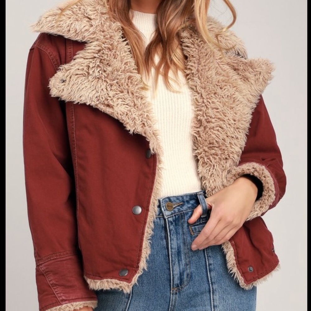 Free People Owen Wine Red Oversized Sherpa Jacket
